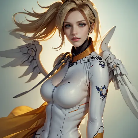 (masterpiece, best quality), intricate details, 1girl, solo, mercy (overwatch), mechanical halo, big breasts, cleavage, golden e...