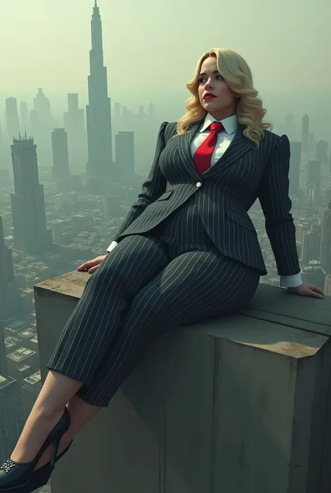 A young curvaceous giantess in pinstriped three-piece suit, white shirt, big crimson necktie, blonde ponytail, wearing black platform high heels on feet, laying down on city, cityscape background of mega-city, urban sprawl, small towns, hazy cloudy atmosph...