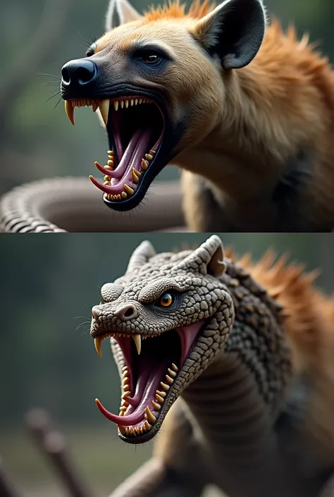 "Create two separate images, one of a hyena and one of a cobra, each displaying a deadly, predatory energy. The hyena should be shown mid-snarl, its sharp teeth bared and its eyes gleaming with hunger and aggression, its muscular frame ready to lunge. Next...