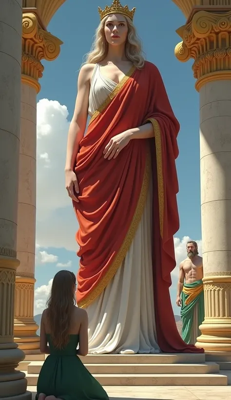 1girl, greek temple, statue of athena, athena detailed face and features, athena wearing large red dress, athena with golden crown, girl praying in green dress with long hair, white skin, poseidon god, poseidon wearing water/nature themed dress, poseidon w...