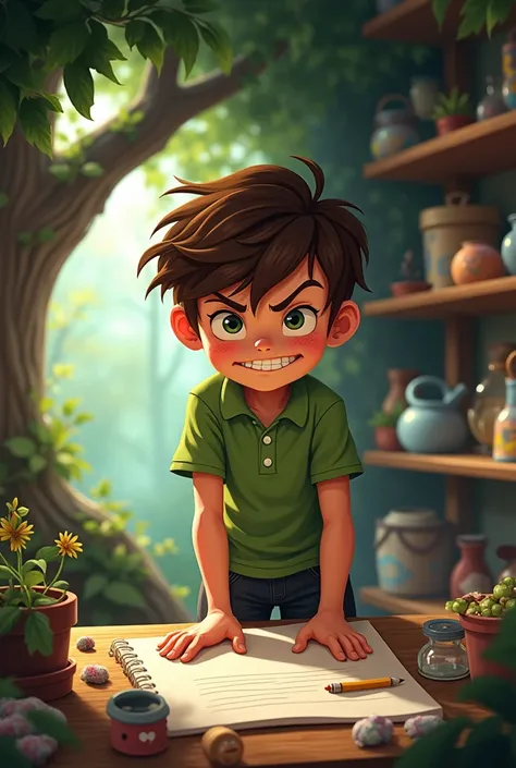 A boy with disheveled hair, a green polo shirt, a white button in the middle of the shirt, black shorts, white socks and brown shoes, inside a tree house and writing a plan with paper and pencil, cartoon style, a seven-year-old boy with an evil face, looki...