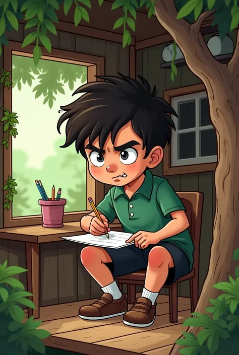 A boy with disheveled hair, a green polo shirt, a white button in the middle of the shirt, black shorts, white socks and brown shoes, inside a tree house and writing a plan with paper and pencil, cartoon style, a seven-year-old boy with an evil face, who i...