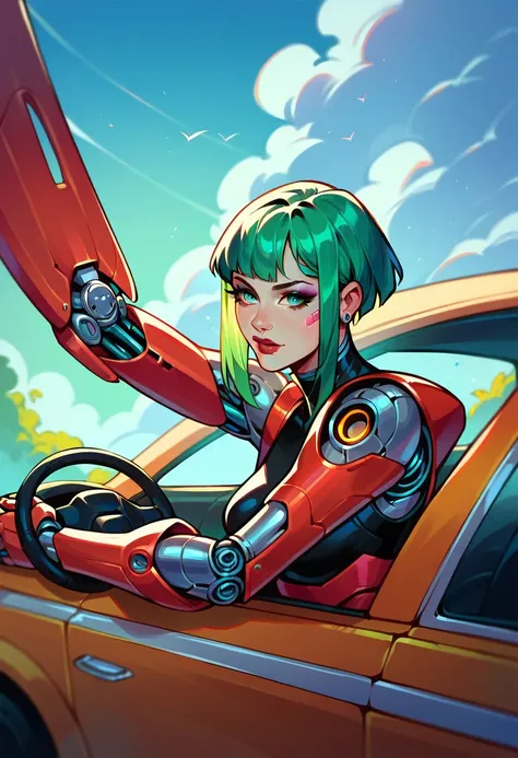 Green hair human face body robot driving a car,Robotic body,machine body,Cyborg,beautiful