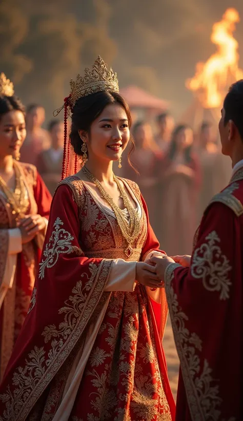  An image of a royal Mongol wedding ceremony at dusk, where a daughter of Genghis Khan is being wed. The scene captures the beautiful fusion of Mongol and local customs, with lavishly dressed guests, ceremonial fires, and intricate details on the brides go...