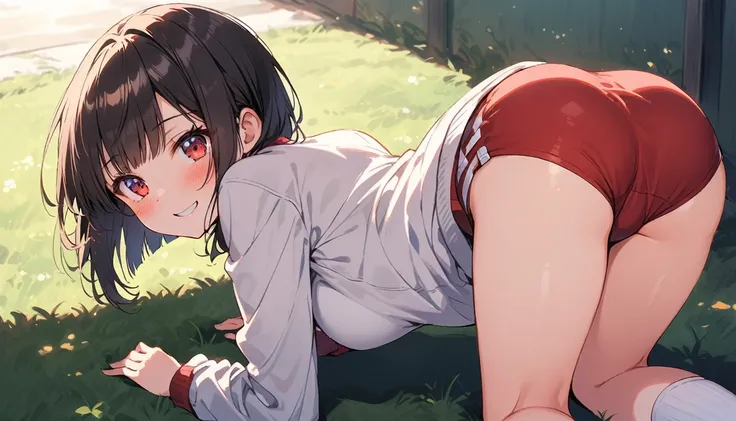 Beauty　Bobcut　smile　Embarrassing　blush　tits　White long sleeve gym clothes　Red Buruma　On all fours　Rear view　Leg spread　School grounds　evening　Sunset　shadow　Knee socks　全身を撮shadowする