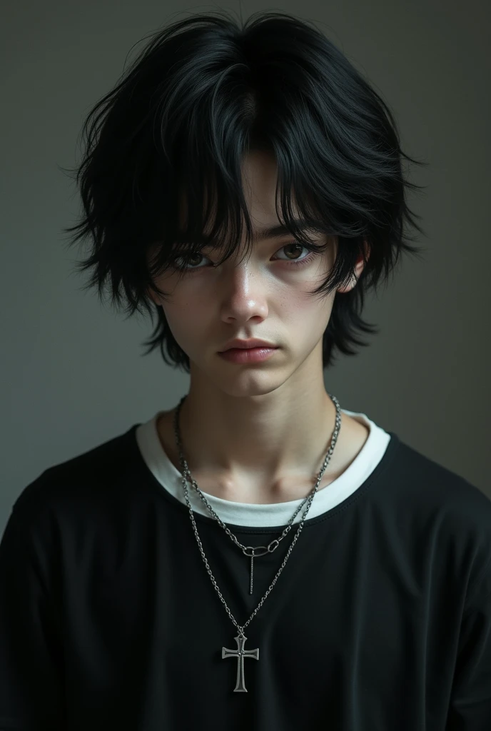 Teenage boy with long black hair wearing black t-shirt with white collar with cross chain 