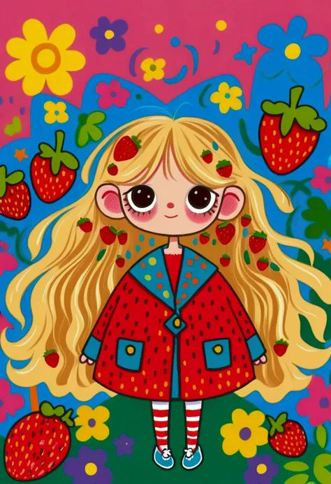 cartoon girl with long blonde hair and strawberry print coat, colorfull illustration, colorful illustration, colorful! character design, decora inspired illustrations, editorial illustration colorful, in style of digital illustration, cute art style, procr...