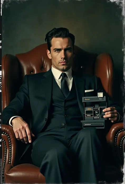 A dark and enigmatic photo of an old Polaroid camera leaning against a worn leather chair.,Mad Men TV series,Don Draper, the enigmatic protagonist of the TV series “Mad Men,&quot; She is the epitome of 1960s advertising glamour with a complex and often mys...