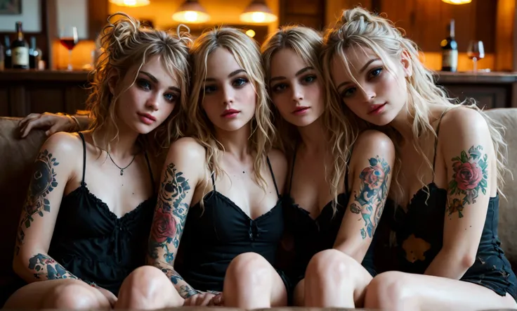 score_9, score_8_up, score_7_up, rating explicite, Three tattoo blonde girls lay on sofa, after , their slender figures and long legs striking a erotic pose as they wear different style tight skimpy casual dress adorned. ((messy hair, messy clothes, drunk,...