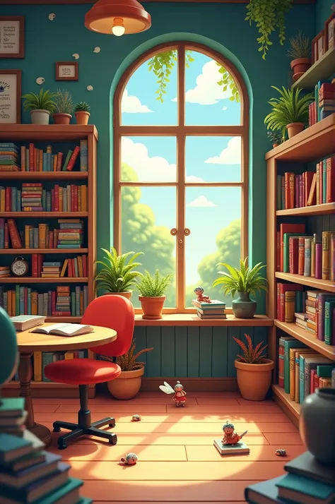 Create a library w few bookshelves but in a cartoon version