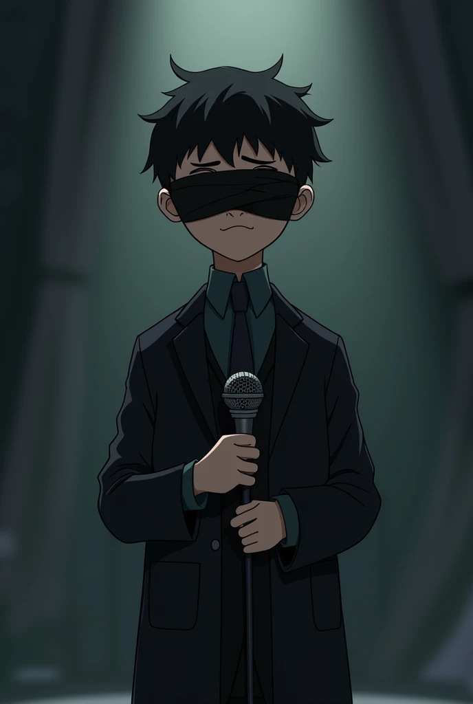 Black bandage masked faced boy with coat suit and mic on his hands. Animatic.