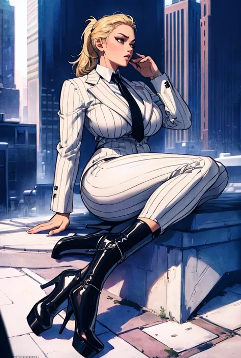 A young curvaceous giantess in white pinstriped three-piece suit, black shirt, big crimson necktie, blonde ponytail, wearing black platform high heels on feet, laying down on city, cityscape background of mega-city, urban sprawl, small towns, bright sunny ...