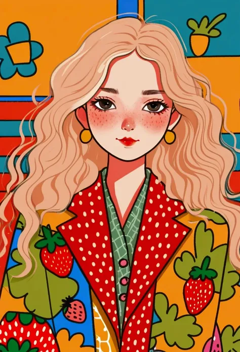 serious expression, long wavy blonde hair, colorful patchwork coat with strawberry patterns, no visible accessories, sitting pos...