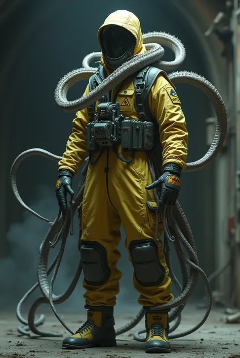 This image appears to depict a character in a hazmat suit fused with organic, tentacle-like forms. The annotations suggest a blend of sci-fi and horror elements, with intricate details describing both the suit and the biological extensions. Its a creative ...