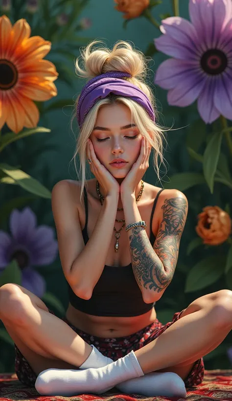 "A young so beautiful sexy woman with a bohemian style and numerous vibrant tattoos sits in a meditative pose. She has messy blonde hair tied up in a bun, adorned with a purple bandana, and her face rests in her hands with her eyes closed, expressing calm ...