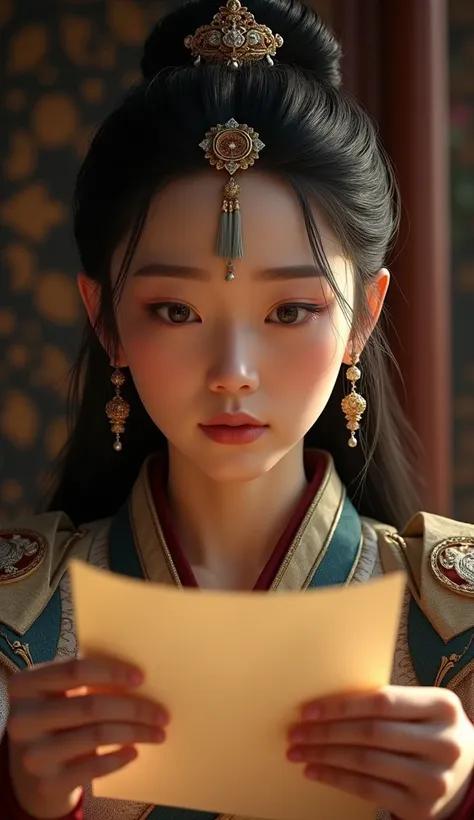 A detailed close-up of a Mongol princess receiving a letter informing her of her husbands death in battle. Her expression is a mix of sorrow and steely determination as she prepares to rule his kingdom. The lighting is soft, casting long shadows across the...