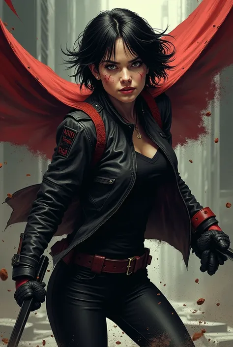 Young woman with short choppy hair with scars on her face wearing black clothes and fighting with Jason Todd in DC comics style 