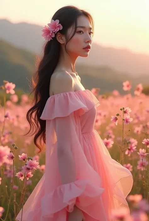 A stern-faced Thai woman in her 20s, standing tall in a field of blooming pink larkspur flowers. She wears a flowing gown in soft shades of pink, inspired by the delicate and slender petals of the larkspur. Her expression is serious, with an air of confide...