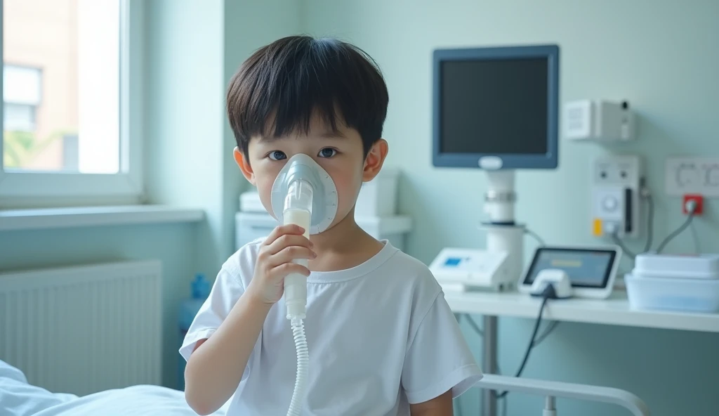 Photo of all Thai people in the picture. A  boy is in the hospital room, using a nebulizer with a nasal shield.