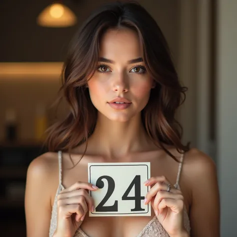 La modele interdis au moins de 18 ans , Une photo ultra-réaliste dune jeune femme brune aux cheveux bruns ondulés et aux yeux bruns, on vois le model en entier, et Photographiée avec un appareil photo Nikon D850 utilisant un objectif 85 mm f/1.4, Capturant...