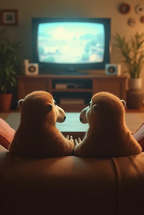 Platypuses sitting on the couch watching TV Back angle 