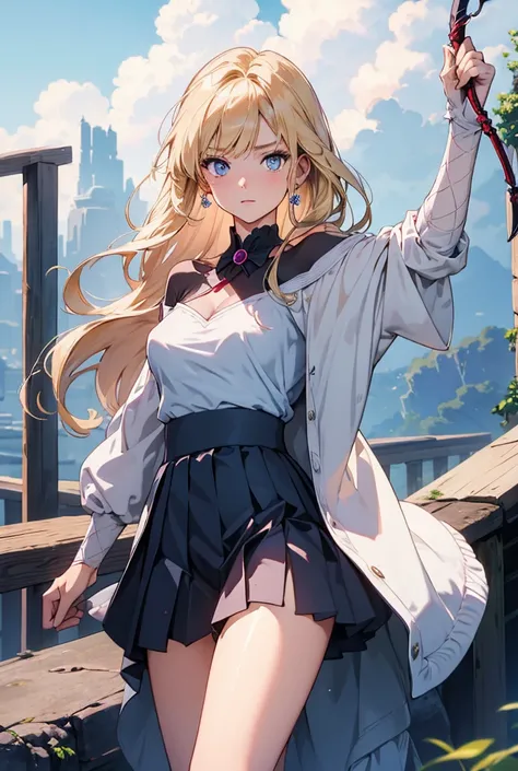 
Masterpiece, Best  Quality, Detail, a beautiful magical girl small breasts long blonde hair blue eyes scepter pleated skirt she is caught in a spider web 