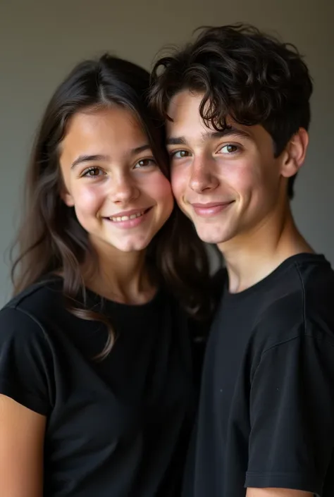 15 year Girl in black top and 15 year boy in black t-shirt photo with eachother 