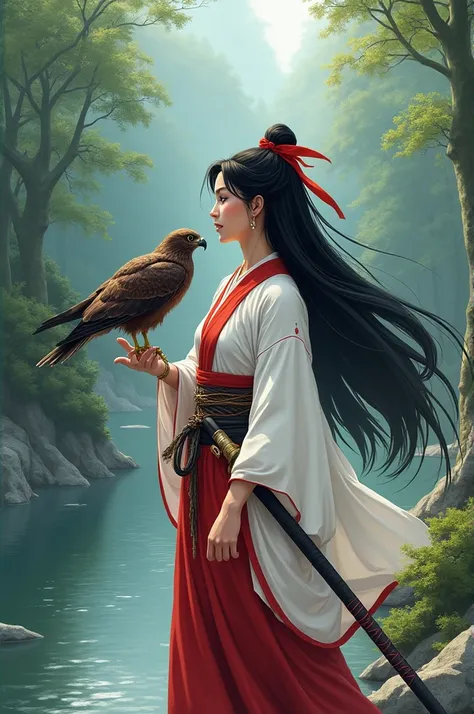 A fierce yet gentle warrior in traditional Ainu clothing, with long black hair, a red headband, and a white and red outfit. She wields a short sword and stands with her hawk, Mamahaha, perched on her arm. Surround her with lush green forests and a calm riv...