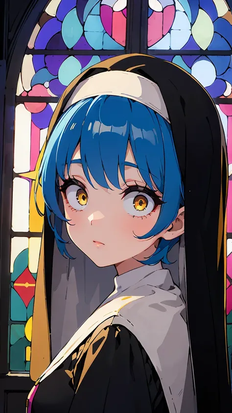 score_9, score_8_up, score_7_up, score_6_up, 1girl, deep blue hair, yellow eyes, nun, Pretty Face, expressionless, Constricted pupils, horrified, looking at viewer, stained glass, church, arch,  Face Focus, Shooting up close, Shooting from the side,