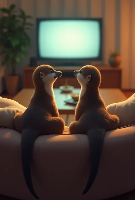 Platypuses sitting on the couch watching TV Back angle 