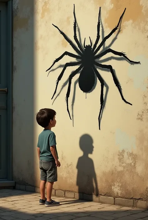 A boy looks at himself on the wall of the building and sees himself as a spider in a shadow