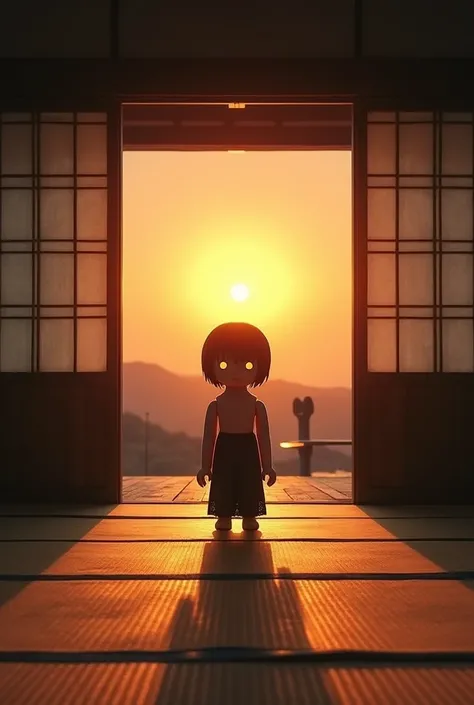 The light of the setting sun is filtering in through the gaps in the sliding doors of the empty, closed-off 8-tatami room. In the middle of the room is a Japanese-style doll sitting upright, creating a scary atmosphere.