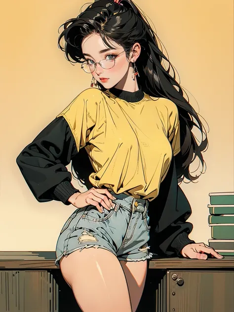 Woman, 20 years old, very long long black hair, yellow eyes, glasses, thick, high fashion, short socks, short shorts, solo