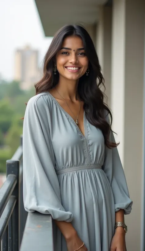 Generate a 8k ultra HD pic of a Indian girl 2, wearing light grey modern frock, smiling and posing in balcony