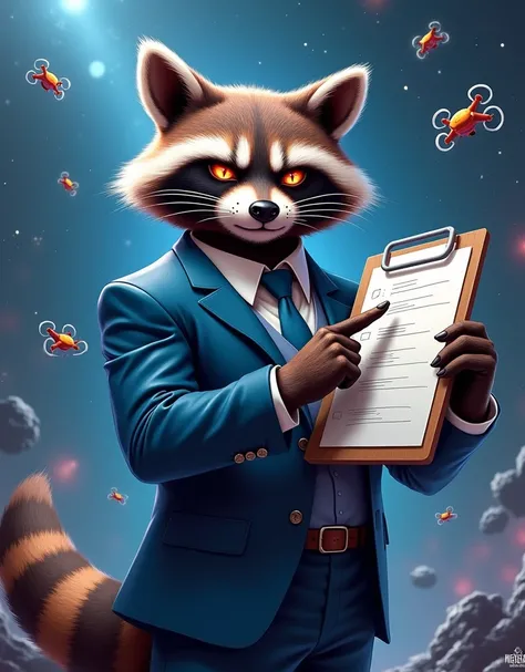  tall raccoon wearing a blue suit and tie. He has an aggressive and slightly crazy expression on his face, looking confident and ready for action. The scene takes place in space, with a chaotic, futuristic backdrop symbolizing disorder. The raccoon is hold...