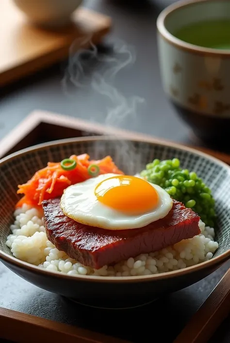 Set Gyudon Beef Rice with onsen egg And kimchi, Japanese tea, served on a Japanese-style tray.