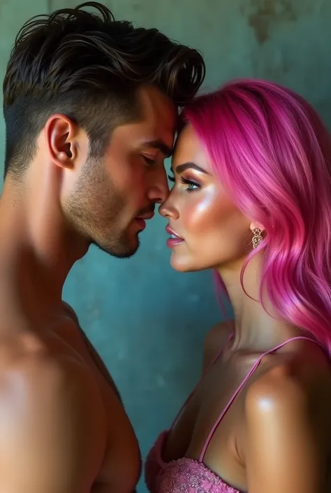 a 2 beautiful captivating pink hair female model with blue eyes, standing facing a 40 year old handsome man, they are looking at each other, looking as though they are ready to kiss --ar 9:16 --style raw --stylize 250 --v 6