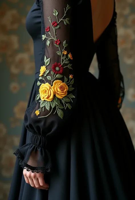 Dark colours Dress with sleeves with yellow roses, green leaves and maroon small flowers embroidery only on sleeves