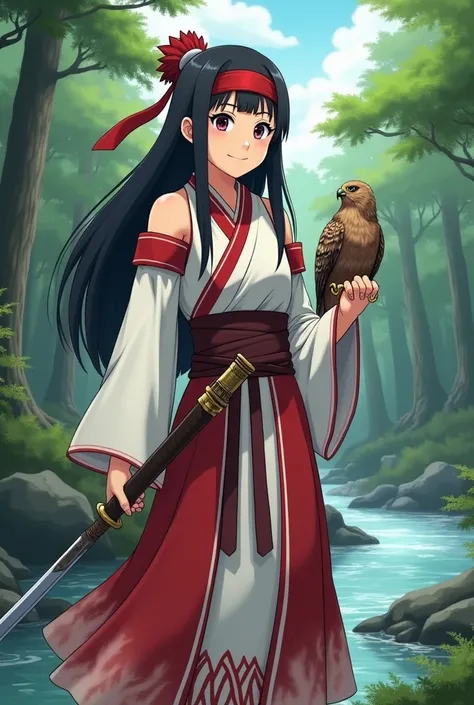 A cute anime girl fierce yet gentle warrior in traditional Ainu clothing, with long black hair, a red headband, and a white and red outfit. She wields a short sword and stands with her hawk, Mamahaha, perched on her arm. Surround her with lush green forest...