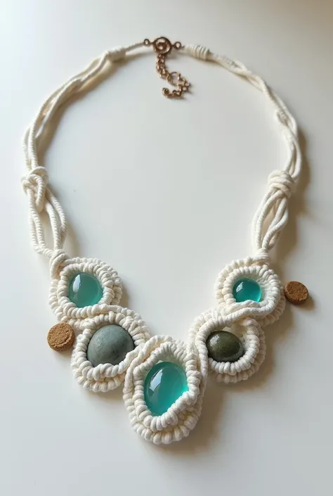 Simple macramé necklace with a few aquamarine stone pebbles with white thread with smaller stone pebbles and with waxed thread of fine stone gravel
