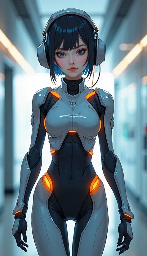 Digital artwork featuring a futuristic, anime-style female character with strikingly large, blue eyes and a pale complexion. She has short, black hair and is wearing large, metallic headphones. The character is dressed in a sleek, silver and black armored ...