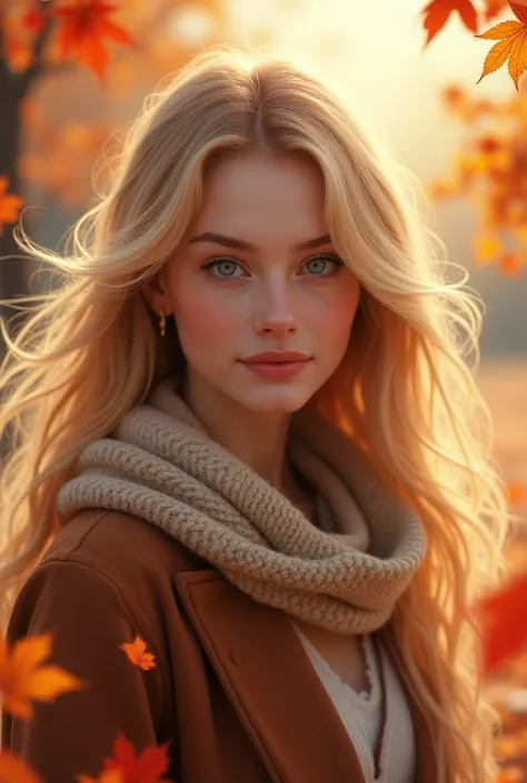 face of a beautiful girl, long blonde hair fluttering in the wind, warmly dressed, leaves are falling in the background, background blurred, Autumn tones