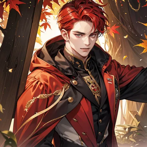 a handsome young man in his 20s, close-up portrait, stunningly handsome, autumn, anatomically correct, highest quality, extremely detailed, high resolution, retina, red hair, golden eyes, fangs, hood, smirking expression, long sideburns