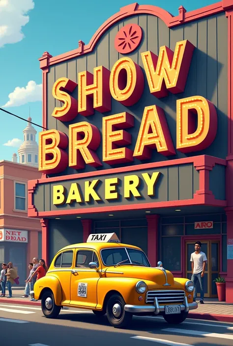 A taxi parking in front of a large bakery, with a very large sign written "Show Bread Bakery".