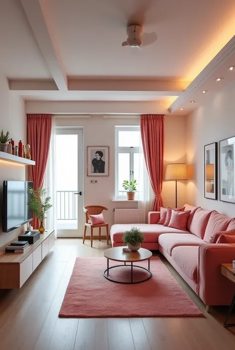 design me the main area of a high end apartment. it should have an L shaped kitchen a door leading to a bedroom and a couch and tv area. it should have a small picture frame window on each of the long walls. the theme should by high end classy retro glam b...