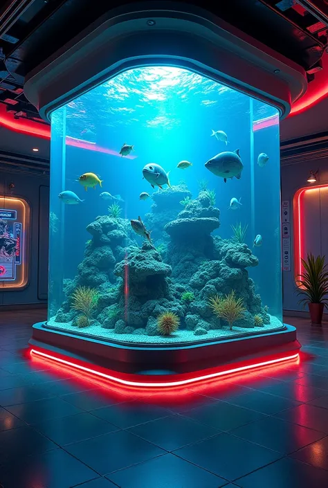 In a room there is a large cyberpunk aquarium, with neon lights and it says 