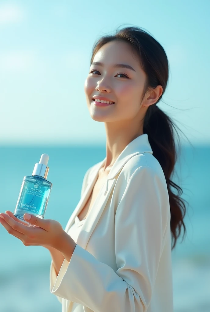 Create an image of an advertisement in English with a slogan for a light blue skincare brand called “high seas”, have the woman holding one of the products as if she were passing it, coloque o slogan agora “ Where Your Skin Meets the Oceans Power” coloque ...