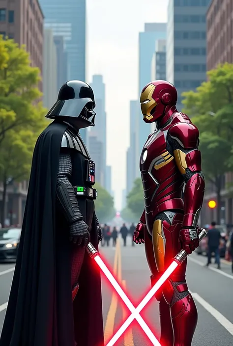 "A dramatic crossover scene where Darth Vader, wielding his red lightsaber, and Iron Man, in his red and gold suit, stand together in the middle of a bustling, futuristic city. Skyscrapers and trees line the street, while the two iconic characters pose sid...