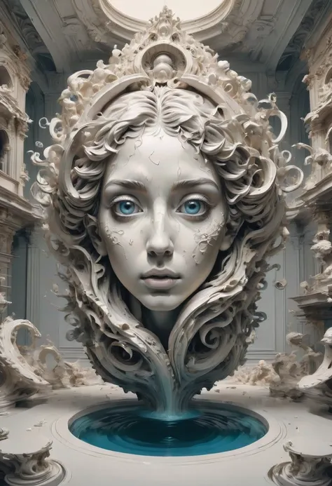 by Daniel Arsham, Vector Art, flat, Minimalism, best quality, masterpiece, very aesthetic, perfect composition, intricate details, ultra-detailed, dynamic composition, surrealism, defyin gravity, pices of sculpture, eyes, baroque architectural details , fl...