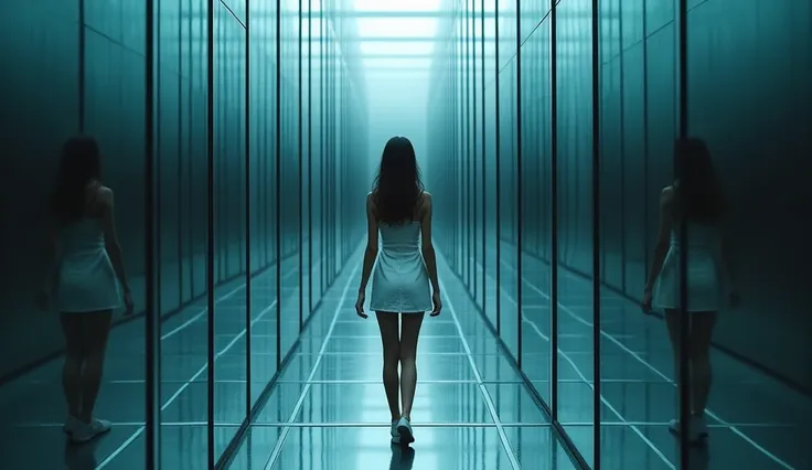 A mid 2 woman, wearing a white mini skirt, enters a mirror maze. The maze is tall, with reflective glass mirrors from floor to ceiling, creating endless corridors and reflections. The colors are dark metallic silver and cool blue. The atmosphere feels eeri...